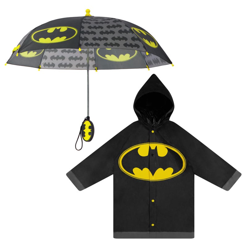 DC Comics Little Kids Umbrella and Lightweight Rain Slicker Set for Boys, Black Batman, Age 4-5 - Image 1